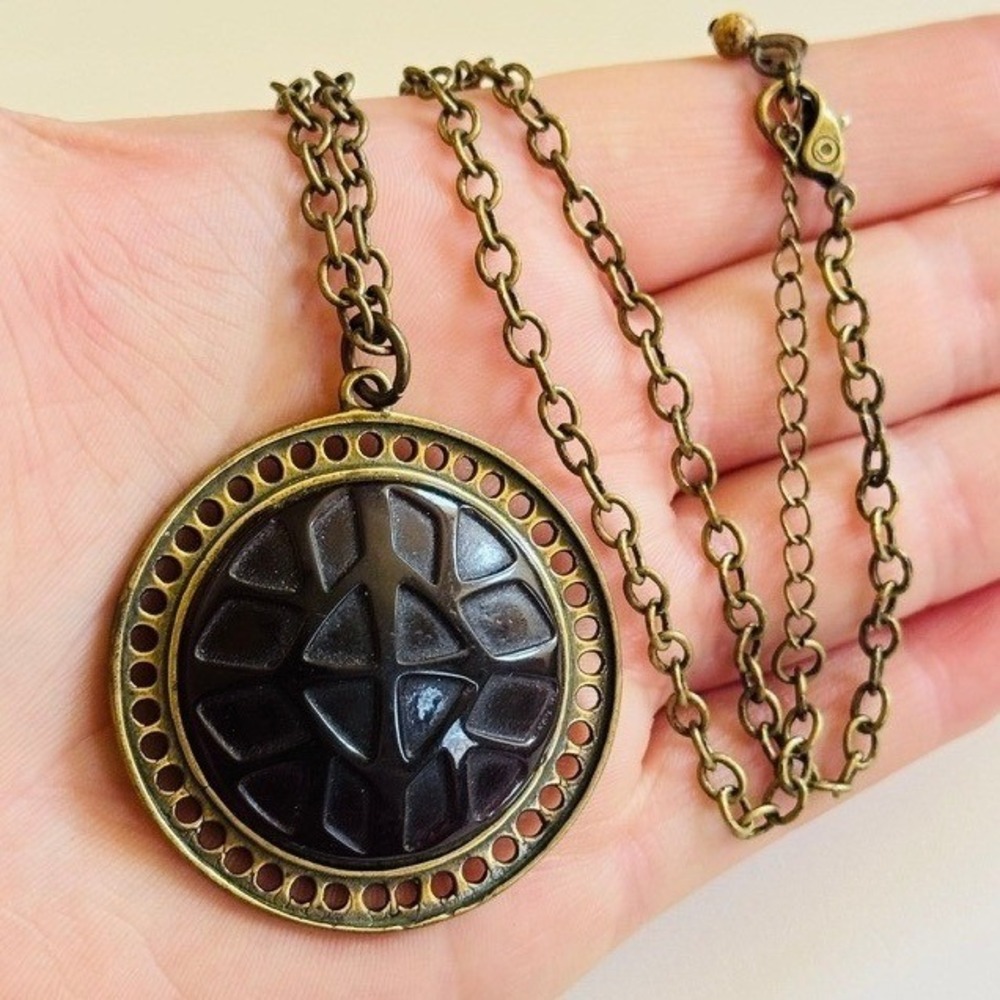 s10 Modernist chain Boho brass Disc Necklace Statement medallion collar 18"